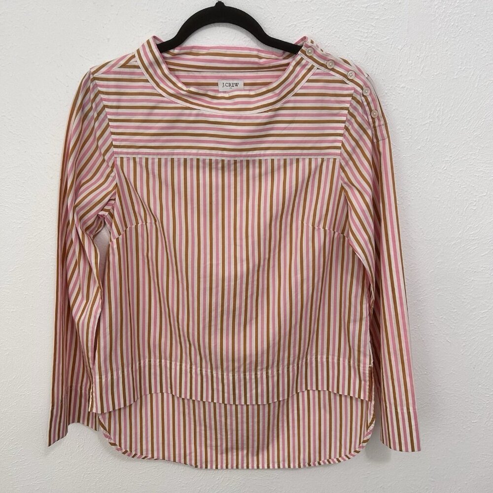 J. Crew Funnel Wide Boat Neck Pink Brown Striped Hi-Low Hem Popover Blouse Top 2